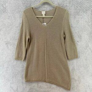 Chico's Sweater 1 M/8 Khaki Metallic Slanted Hem Heidi Pullover 3/4 Sleeves New